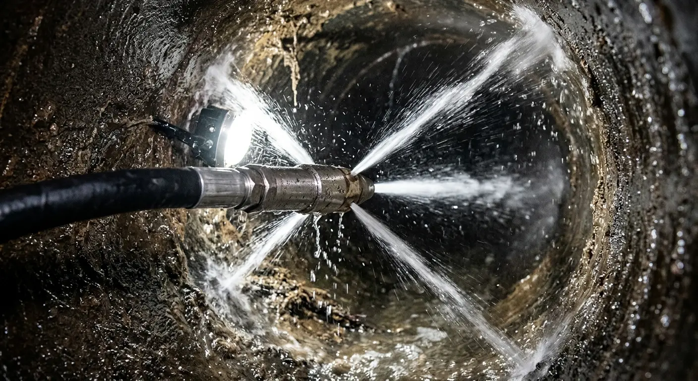 High-pressure hydro jetting nozzle cleaning sewer pipe for Emergency Drain Service in Algonquin
